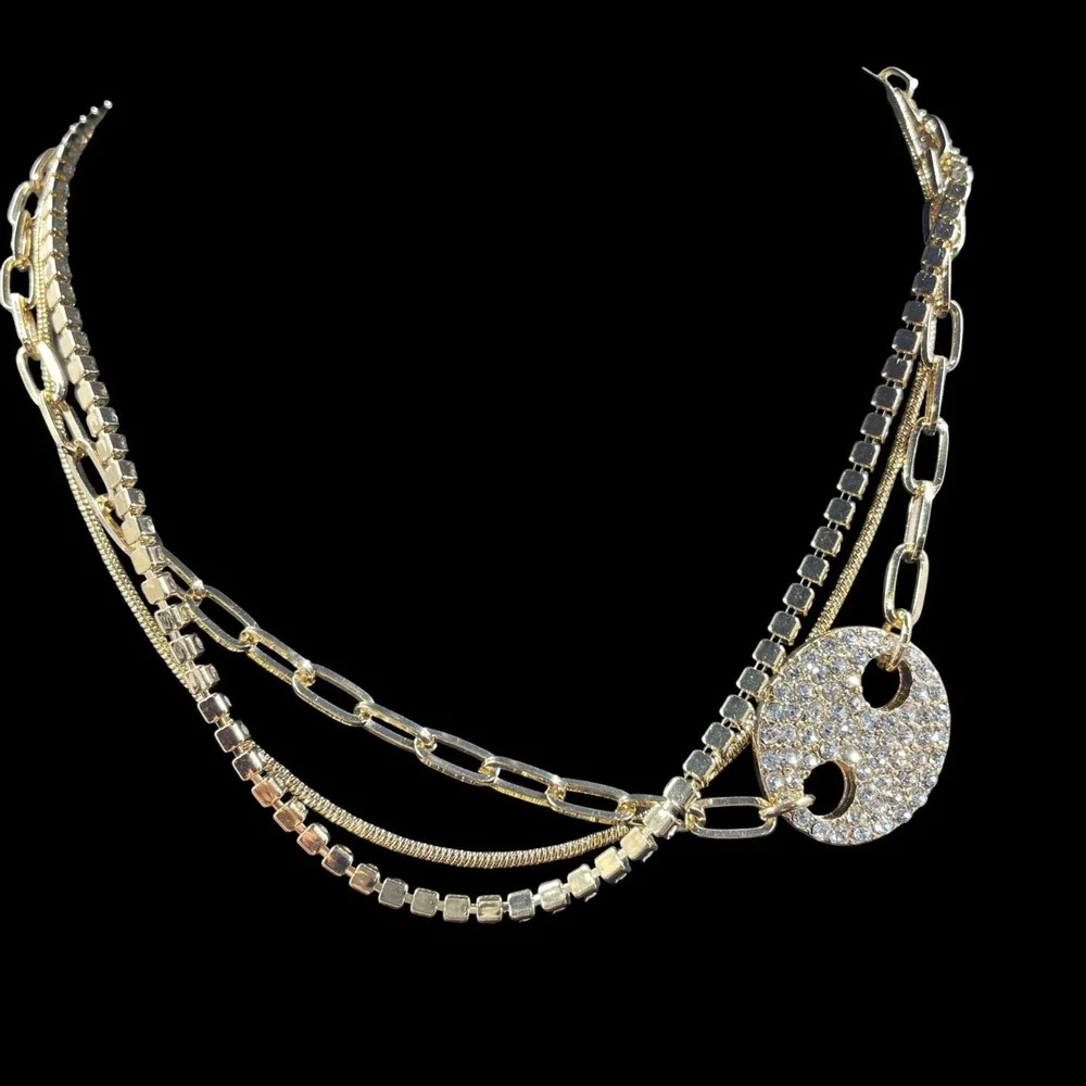 Layered Gold Chain Necklace Crystal Yin Yang Pendant Statement‎ Y2K Glam Jewelry